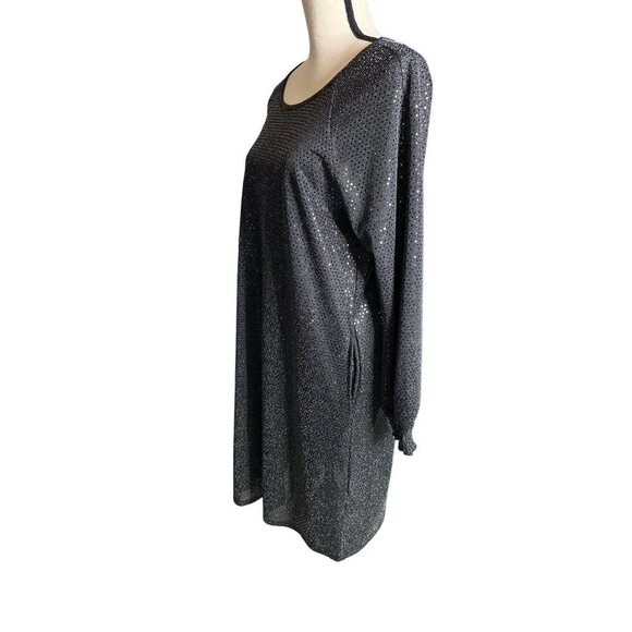 Nina Leonard Black Sequin Dress Smock Long Sleeve Pockets Lined Size Large - Picture 4 of 8